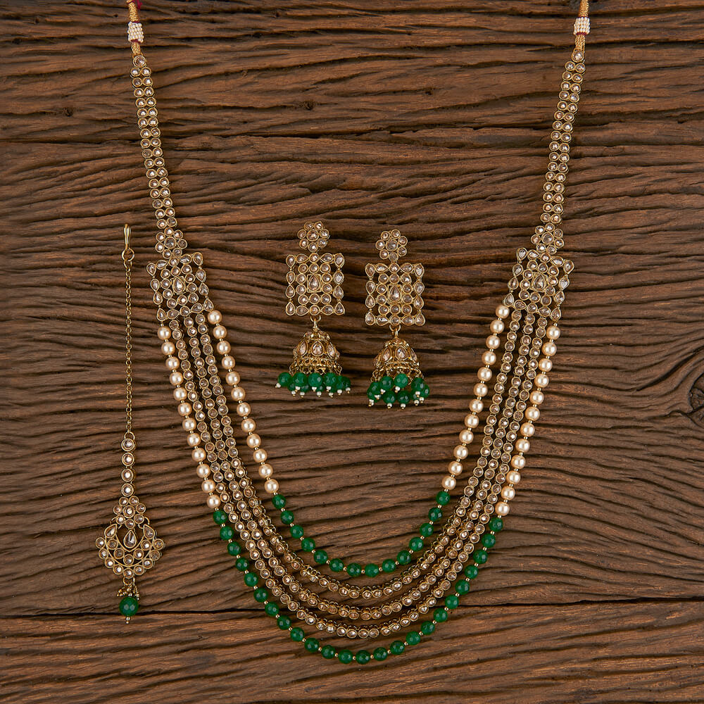Green Long Necklace With Mehndi Plating